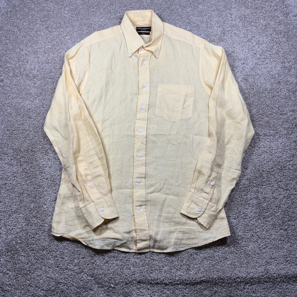 Spier & Mackay Mens 16 Slim Fit Yellow 100% Premium Linen‎ Button Down Shirt